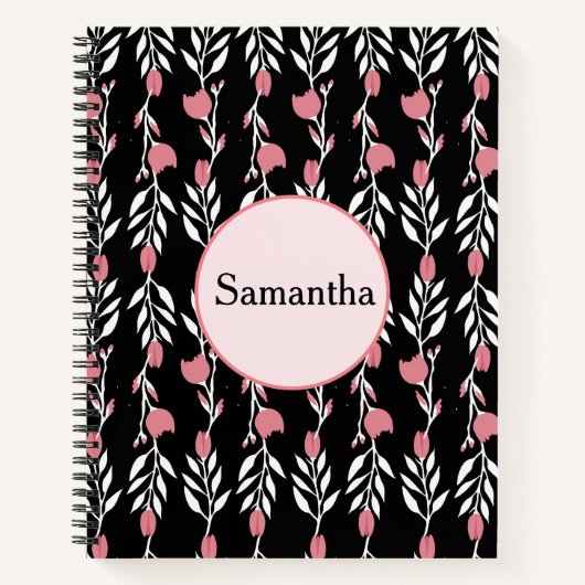 Schattige en Bloemen Roze en Zwart Notitieboek (Voorkant)