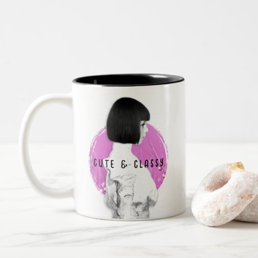 Schattige en Classy Meisje Roze en Zwart Tweekleurige Koffiemok (Met donut)