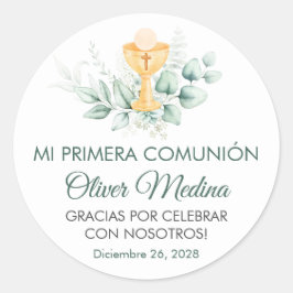 Schattige en Elegant Groen Bladeren Eerste Communi Ronde Sticker