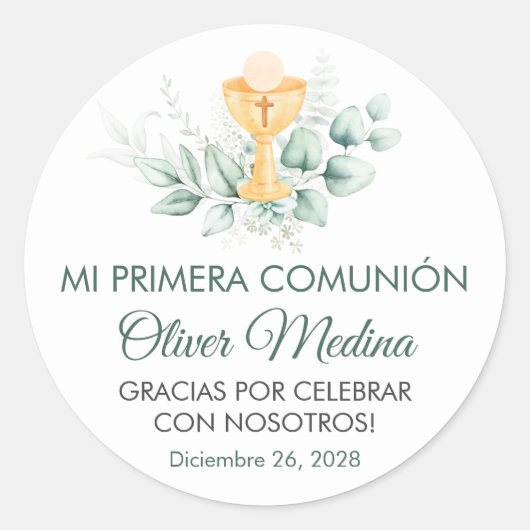 Schattige en Elegant Groen Bladeren Eerste Communi Ronde Sticker (Voorkant)