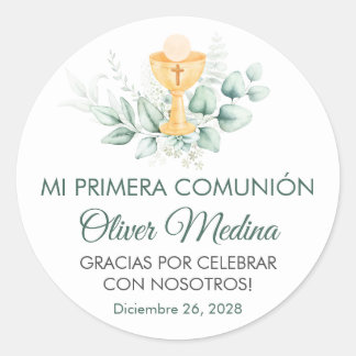 Schattige en Elegant Groen Bladeren Eerste Communi Ronde Sticker