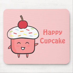 Schattige en gelukkige roze cupcake met kers muismat