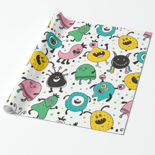 Schattige en grappig cartoon monster patroon cadeaupapier (Uitgerold)
