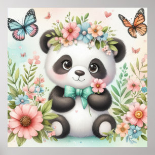 Schattige en grappige panda onder bloemen aquarel poster