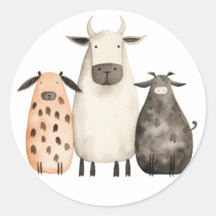 schattige en grappige waterverf koeienfamilie ronde sticker