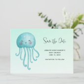 Schattige en Happy Blue-Green Jellyfish Baby showe Save The Date (Staand voorkant)