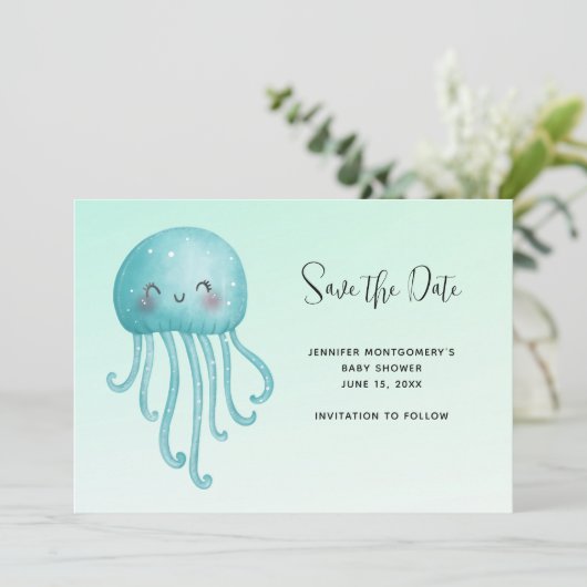 Schattige en Happy Blue-Green Jellyfish Baby showe Save The Date (Staand voorkant)