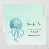 Schattige en Happy Blue-Green Jellyfish Baby showe Save The Date (Voorkant / Achterkant)