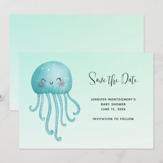 Schattige en Happy Blue-Green Jellyfish Baby showe Save The Date (Voorkant / Achterkant)