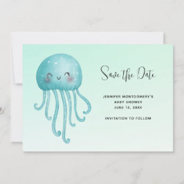 Schattige en Happy Blue-Green Jellyfish Baby showe Save The Date