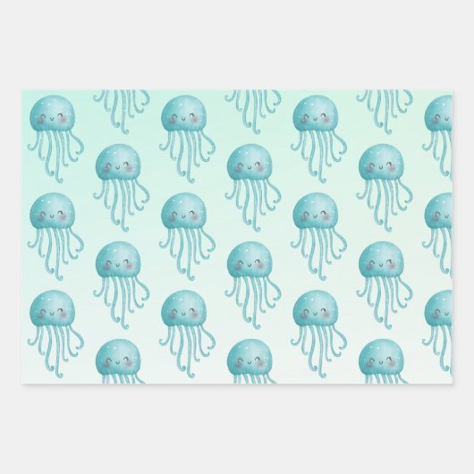 Schattige en Happy Blue-Green Jellyfish Pattern Inpakpapier Vel (Voorkant 3)
