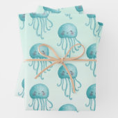 Schattige en Happy Blue-Green Jellyfish Pattern Inpakpapier Vel (In situ)