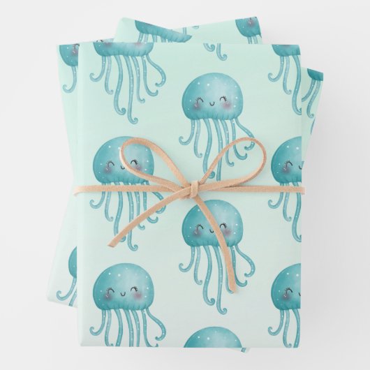 Schattige en Happy Blue-Green Jellyfish Pattern Inpakpapier Vel (In situ)