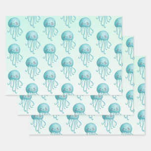 Schattige en Happy Blue-Green Jellyfish Pattern Inpakpapier Vel