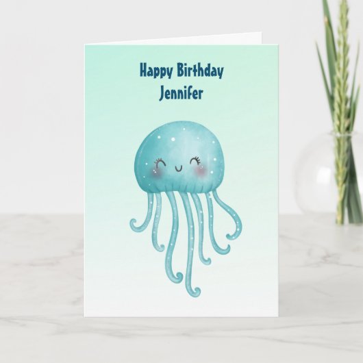 Schattige en Happy Blue-Green Jellyfish Verjaardag Kaart (Voorkant)