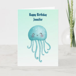 Schattige en Happy Blue-Green Jellyfish Verjaardag Kaart