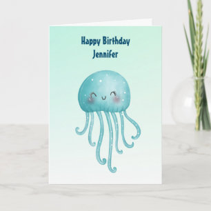Schattige en Happy Blue-Green Jellyfish Verjaardag Kaart