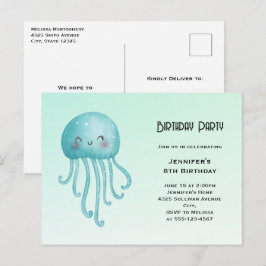 Schattige en Happy Blue-Green Jellyfish Verjaardag Uitnodiging Briefkaart