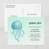 Schattige en Happy Blue-Green Jellyfish Verjaardag Uitnodiging Briefkaart (Voorkant / Achterkant)