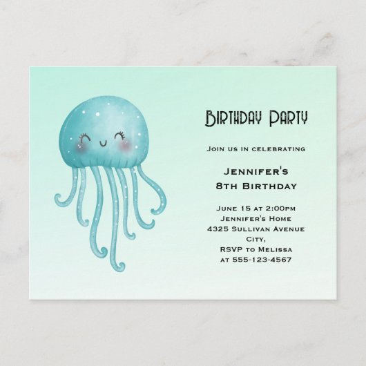 Schattige en Happy Blue-Green Jellyfish Verjaardag Uitnodiging Briefkaart (Voorkant)