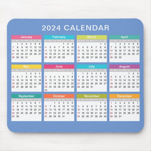 Schattige en kleurrijk 2024 Kalender | Mousepad Muismat (Voorkant)