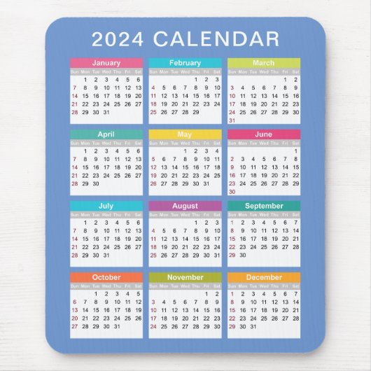 Schattige en kleurrijk 2024 Kalender | Mousepad Muismat (Voorkant)