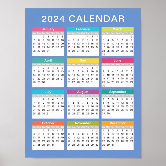 Schattige en kleurrijk 2024 Kalender | POSTER (Voorkant)