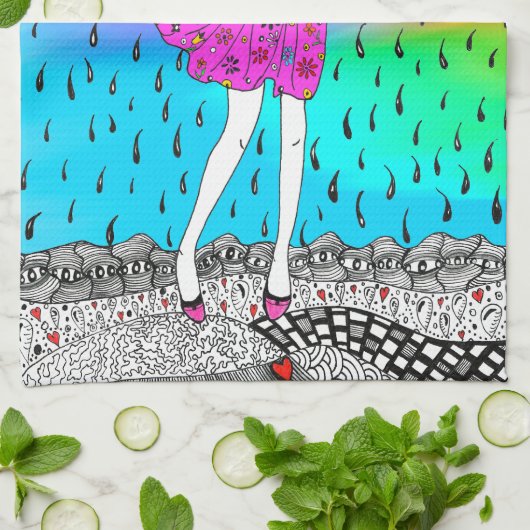 Schattige en kleurrijk meisje in de regen keukenha theedoek (Gevouwen)