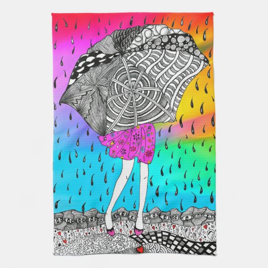 Schattige en kleurrijk meisje in de regen keukenha theedoek (Verticaal)