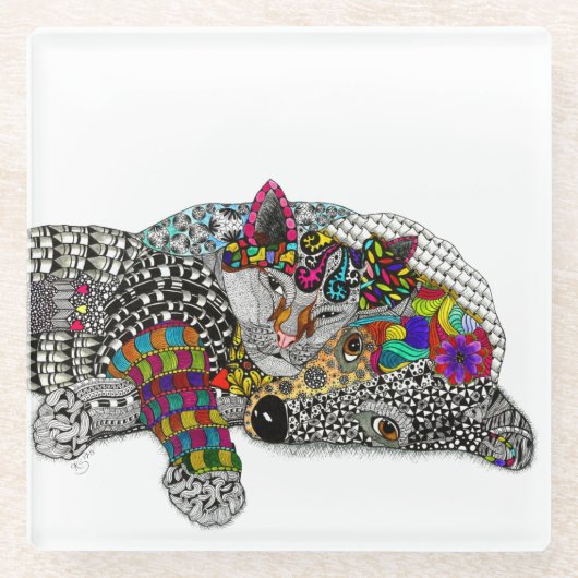 Schattige en kleurrijk Onderzetter van kat en hond Glazen Onderzetter (Voorkant)