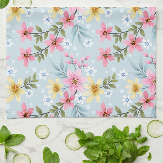 Schattige en Kleurrijk Roze Geel Wit Bloemenpatroo Theedoek (Gevouwen)