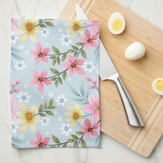 Schattige en Kleurrijk Roze Geel Wit Bloemenpatroo Theedoek (Quarter Fold)