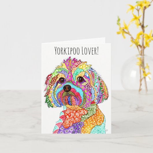 Schattige en kleurrijk Yorkipoo Wenskaart Kaart (Gele Bloem)