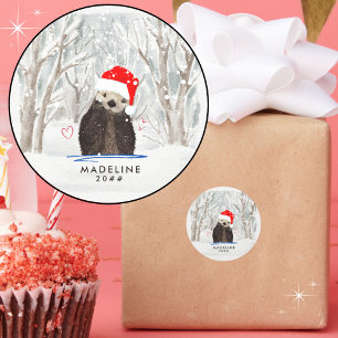 Schattige en Knuffelig Santa Otter Kind Naam en Ja Ronde Sticker