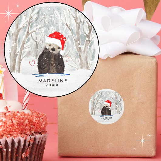Schattige en Knuffelig Santa Otter Kind Naam en Ja Ronde Sticker