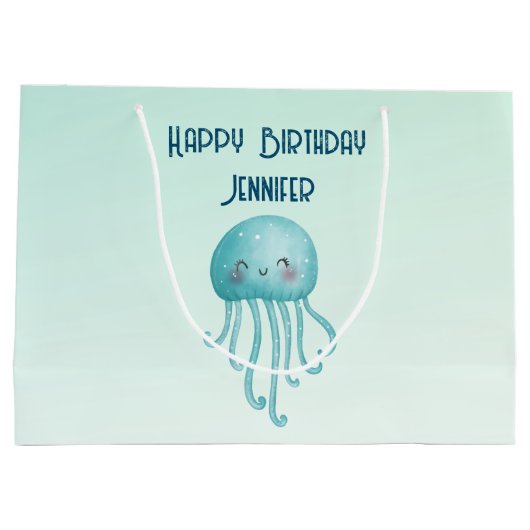 Schattige en Leuk Blauw-Groen Kwallen Verjaardag Groot Cadeauzakje (Achterkant)