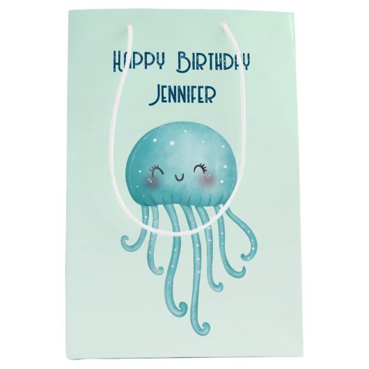 Schattige en Leuk Blauw-Groen Kwallen Verjaardag Medium Cadeauzakje (Voorkant)