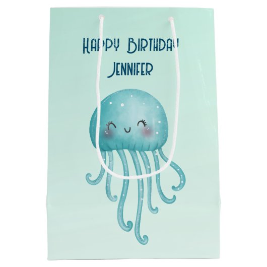 Schattige en Leuk Blauw-Groen Kwallen Verjaardag Medium Cadeauzakje (Achterkant)