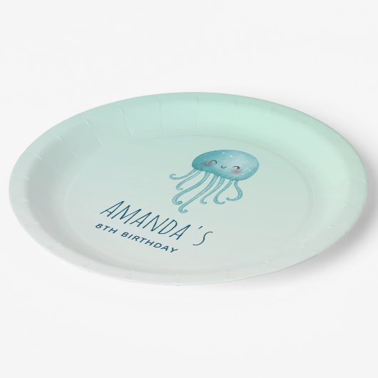 Schattige en Leuk Blauw-Groen Kwallen Verjaardag Papieren Bordje (Gekanteld)