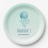 Schattige en Leuk Blauw-Groen Kwallen Verjaardag Papieren Bordje (Voorkant)