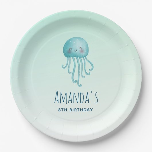 Schattige en Leuk Blauw-Groen Kwallen Verjaardag Papieren Bordje (Voorkant)