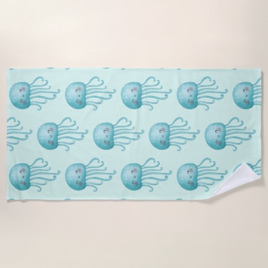 Schattige en Leuk Blauw-Groen Kwallenpatroon Strandlaken (Voorkant)