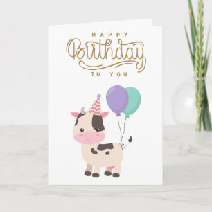 Schattige en leuke koe & ballonnen Gefeliciteerd m Kaart