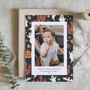 Schattige en Spooky Pattern Happy Halloween Foto Feestdagen Kaart