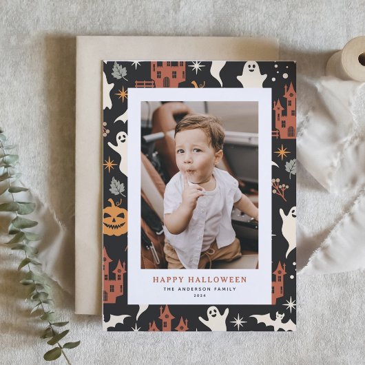 Schattige en Spooky Pattern Happy Halloween Foto Feestdagen Kaart