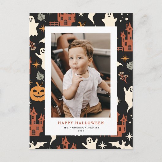 Schattige en Spooky Pattern Happy Halloween Foto Feestdagenkaart (Voorkant)