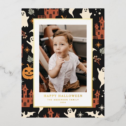 Schattige en Spooky Pattern Happy Halloween Foto Folie Feestdagen Briefkaart (Voorkant)