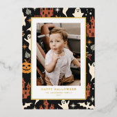 Schattige en Spooky Pattern Happy Halloween Foto Folie Feestdagenkaart (Voorkant)