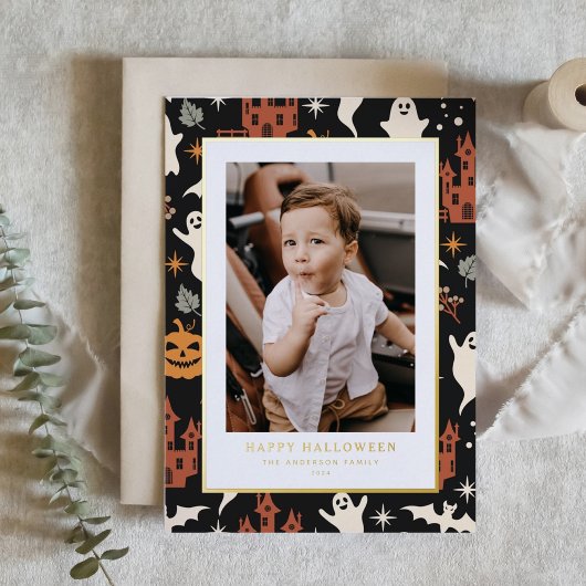 Schattige en Spooky Pattern Happy Halloween Foto Folie Feestdagenkaart
