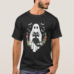 Schattige enge geest met zwarte kat groovy bloem t-shirt
